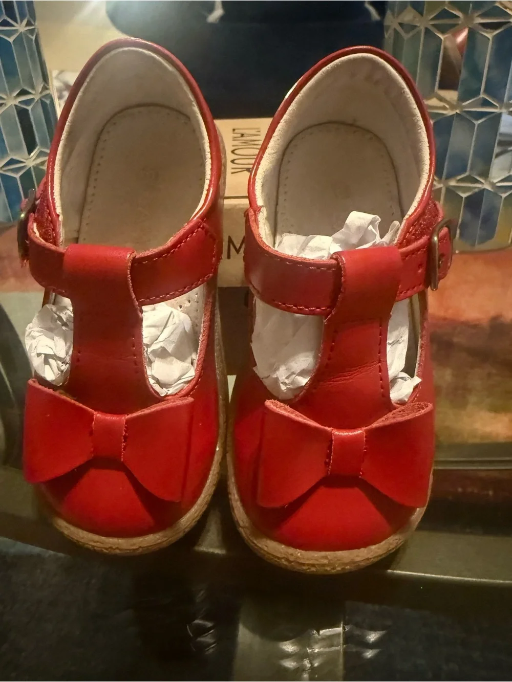 L'Amour Red T-Strap Bow Kids Dress Shoes
